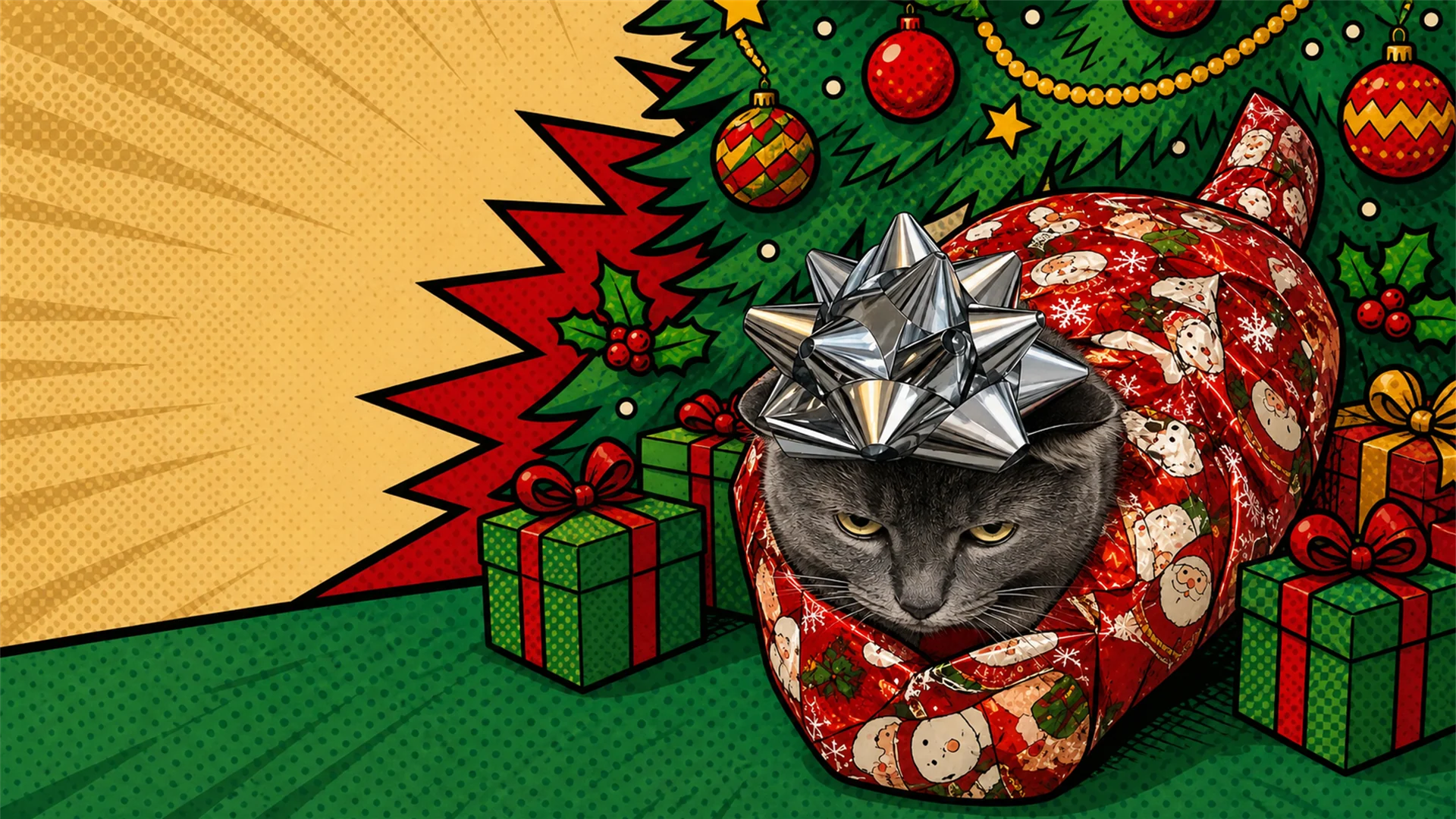 I am wrapped in red Christmas paper under the tree
